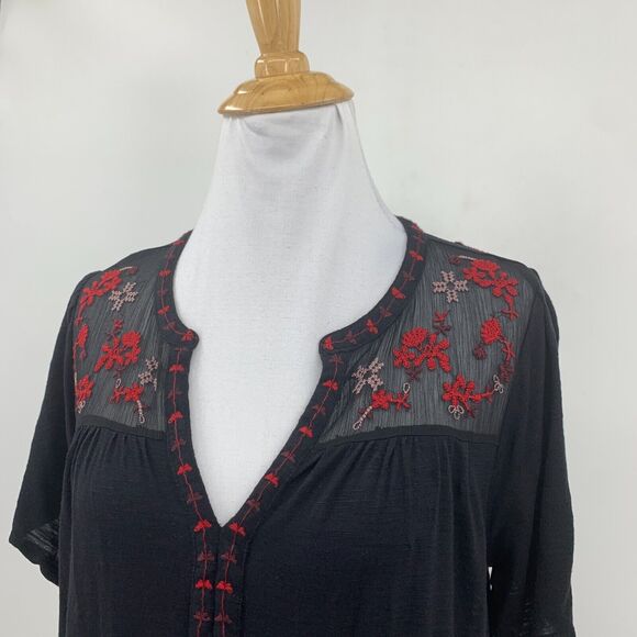 Lucky Brand Boho Blouse Womens S Small Black Embroidered Short Sleeve Semi Sheer - Picture 3 of 15